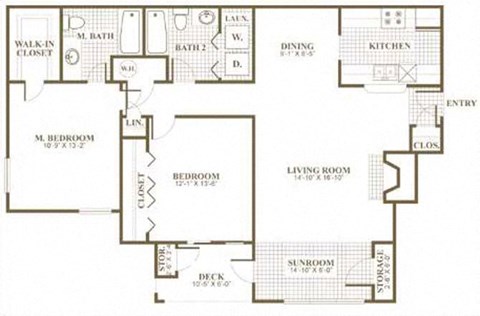 Floor plan for 2 beds, 2 baths, 1307 sqft